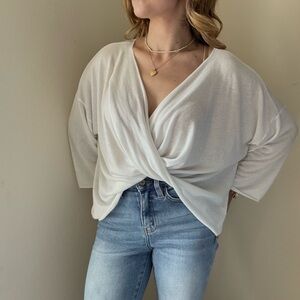 Women's Cream Twist-Front V-Neck Blouse
